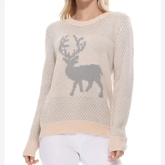 Deer jacquard cream womens holiday cozy  large jumper vintage style sweater 042 - Picture 7 of 8